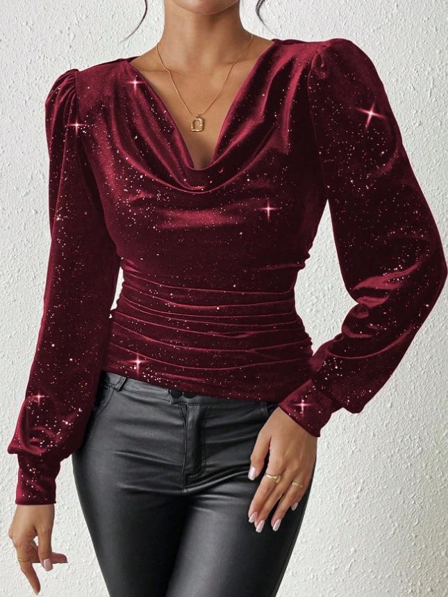 Europäisches und Amerikanisches Herbst/Winter Sexy Rollkragen Langarm Glänzendes Goldenes Samt Party Top