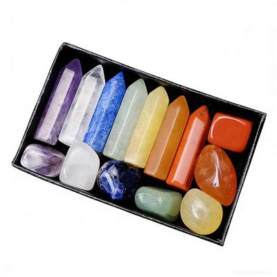 14 Pcs Chakra Stones Kit-1.3 Crystal Point Wands and Polished Tumbled Energy Healing Crystals Set (7+7Pcs),Rainbow