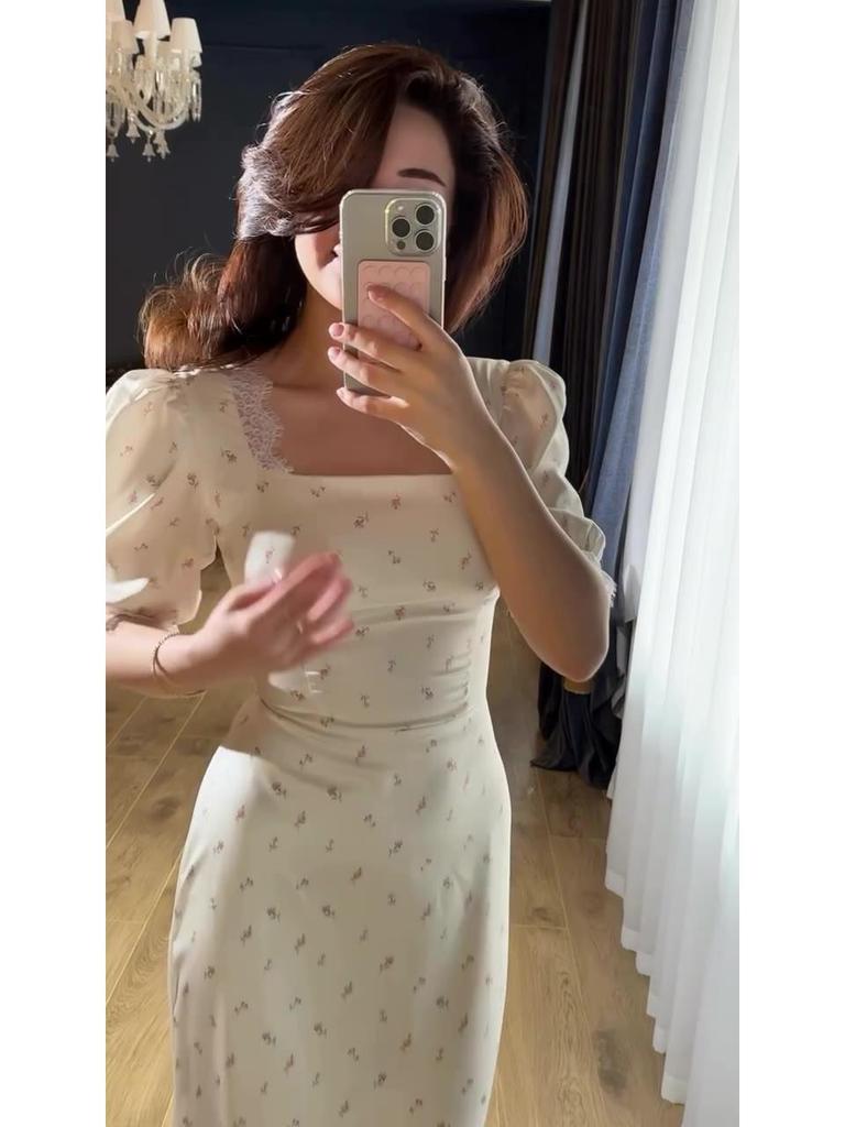 2025 Spring Fairy Style Women's Slim Tie-Up Satin Lace Dress