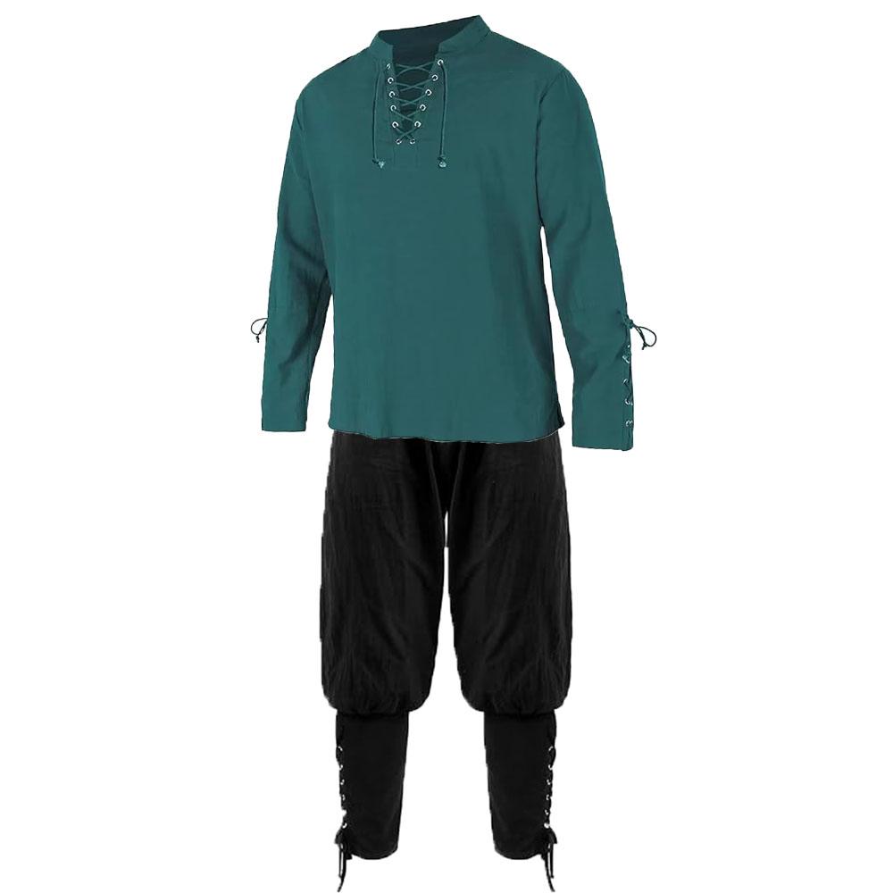 Renaissance-Sets für Herren, Piratenhemden und -hosen, Herrenkostüm, Baumwolle, Leinen, V-Ausschnitt, Kordelzug, Partykleid, zweiteilig