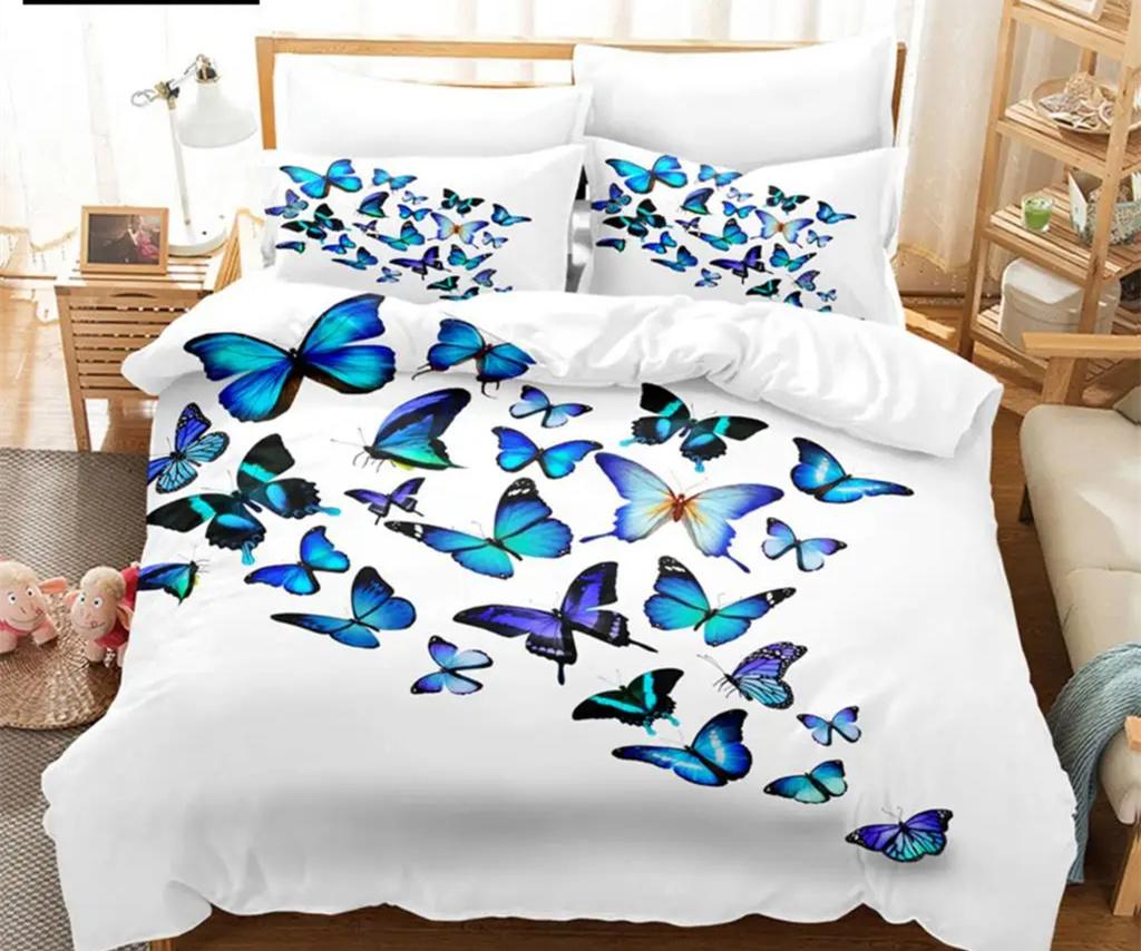 Blue Butterfly Duvet Cover Set King Queen Twin Size Double Bed Single 3D Queen Bedding Sets Pink Quilt Cover with 2 Pillowcases