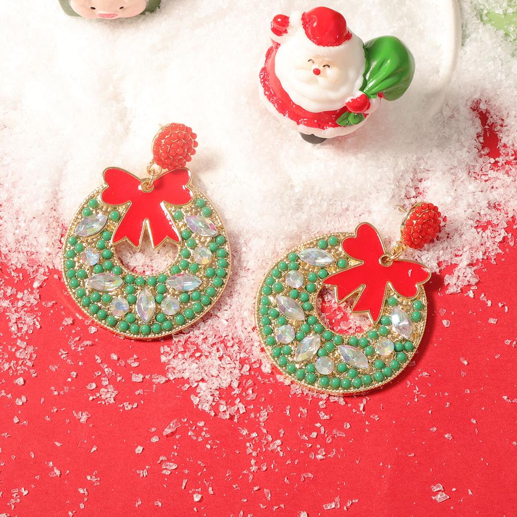 Christmas simple fashion drop oil red bow rice bead zircon geometric niche versatile earrings