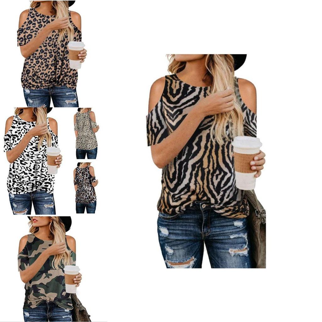 Elegante T-shirt da Donna con Stampa Leopardata e Design Cold Shoulder Perfetta per l'Estate