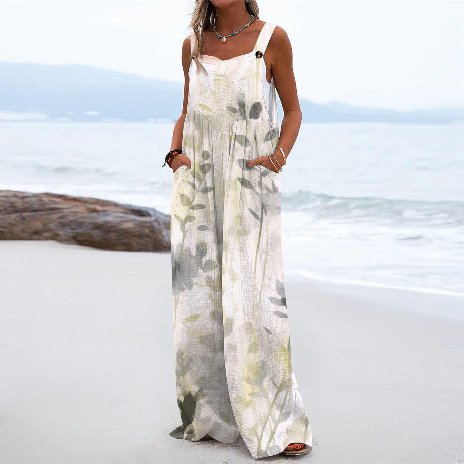 

Жіночий модний повсякденний вільний комбінезон без рукавів із принтом і кишенями S бежевий