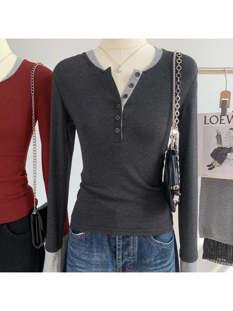 Stylish Contrast Color Faux Two-Piece Long-Sleeve Top for Women