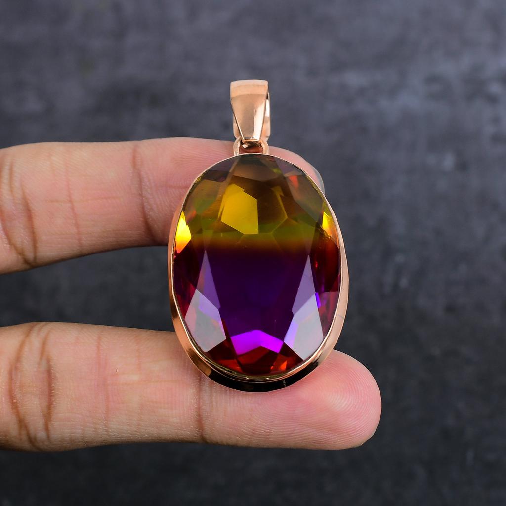 Bi-Color Tourmaline Gemstone Handmade Copper Jewelry Pendant 2.21" I5z76