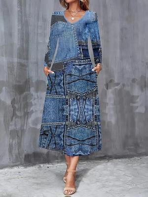 2025 Autumn and Winter New Women Casual Fashion Dress Autumn 3D Denim-like Print  Long Sleeve V-Neck A-Line Dresses