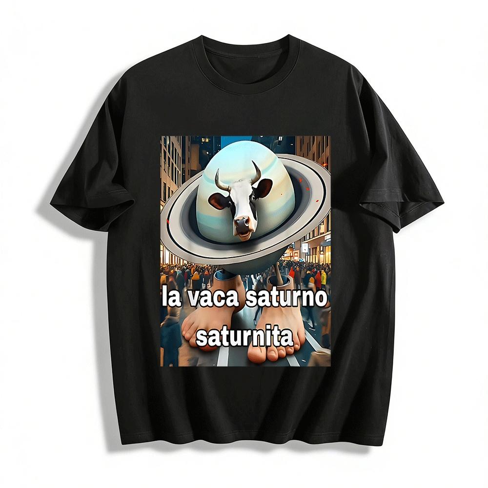 Funny Saturn Cow Graphic Print Casual T-Shirt Pure cotton T-shirt XXS