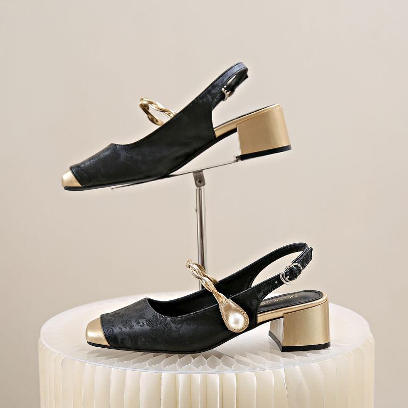 Nouveau Style Chinois Style National Sandales Baotou Chaussures Mary Jane à Talons Moyens pour Femmes Été Tempérament Talon Épais Talon Haut Chaussures Simples