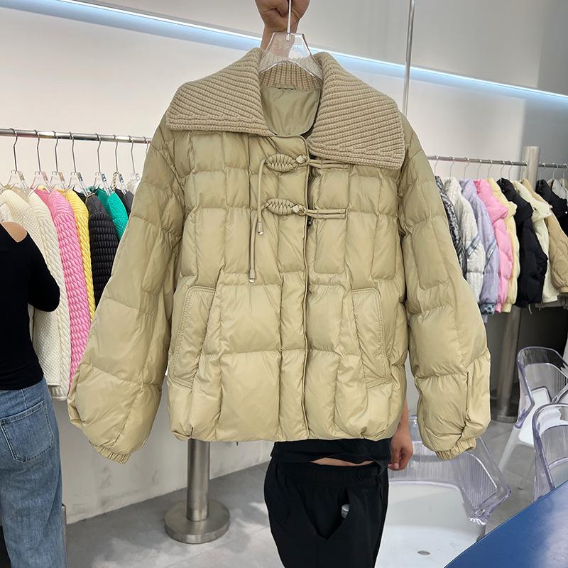 2023 Winter Korean Style Slimming Knit Lapel Chic White Duck Down Jacket