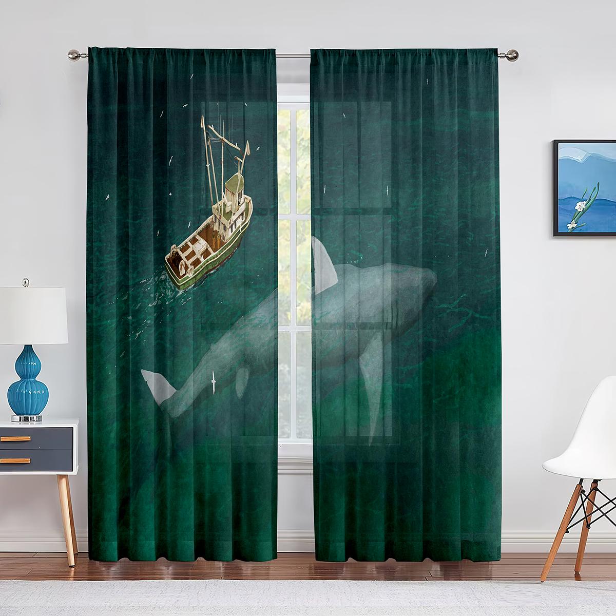 3D Акула Рыба Океан Морская Тема Прозрачная Вуаль Шторы для Гостиной Окна Шифоновые — фото 9