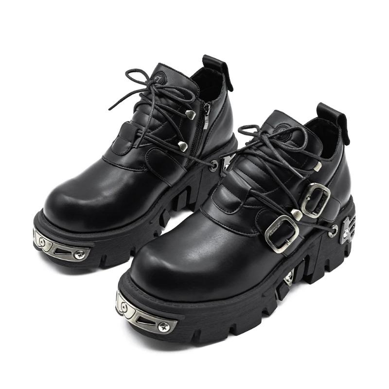 New Dark Punk Style Woman Gothic Flame Carved Vintage Rock Boots Leather Shoes Metal Niche Low Top Platform Shoes