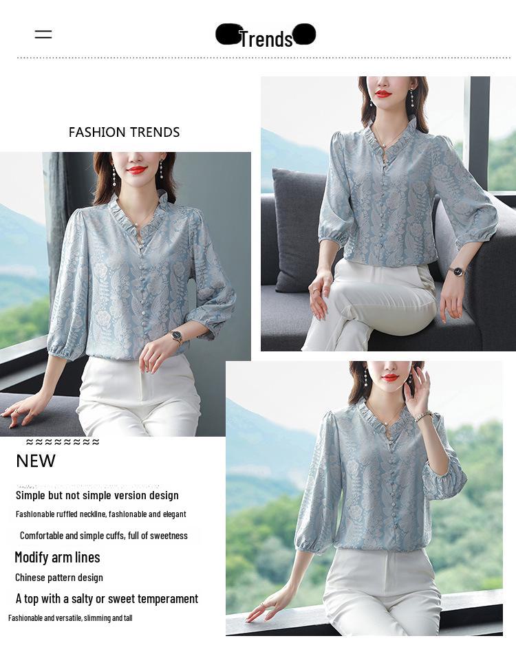 Women's Satin Three-Quarter Sleeve Ruffled V-Neck Top - French Style, Spring Collection, Flattering Fit