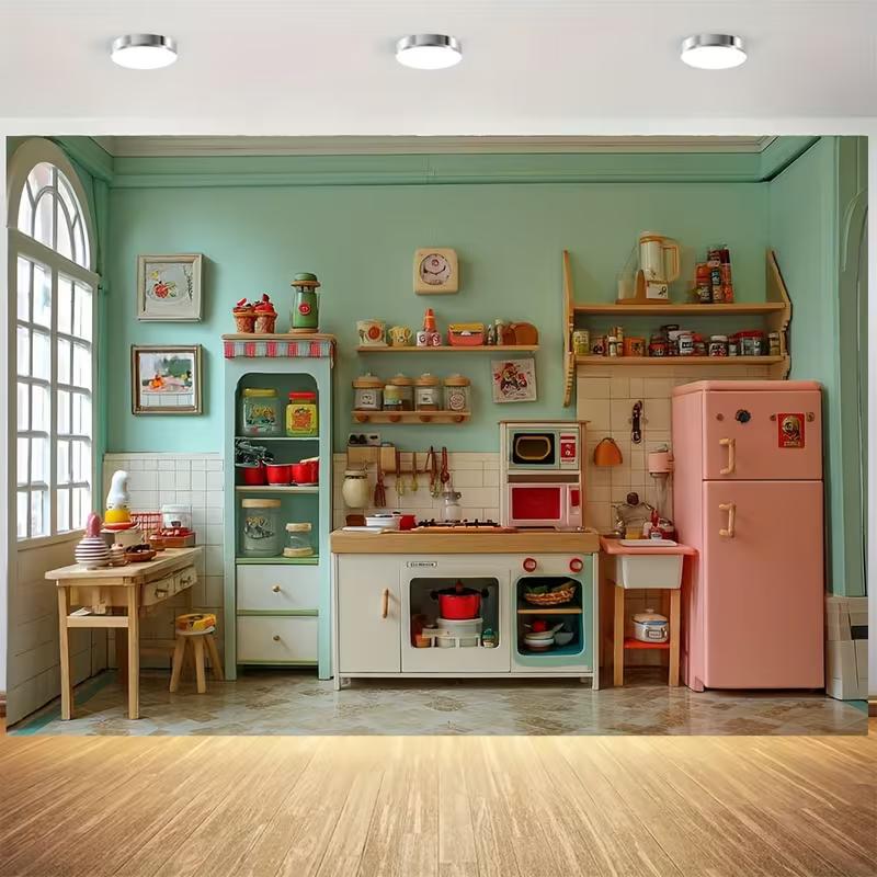 

2D Vintage Toy Kitchen Photography Backdrop, Pastel Green & Pink Kids Kitchen Playset Background Cloth 47.2x31.5inch/120*80cm