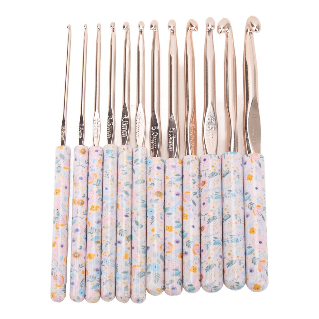 Crochet Needles Set Aluminium 12 Sizes Elegant Ergonomic Plastic Blue Flower Stamped Handle Crochet
