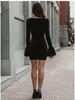 European & American Style Black Velvet V-Neck Slim-Fit Long-Sleeved Dress – Autumn/Winter Fashionable Short Skirt for Women