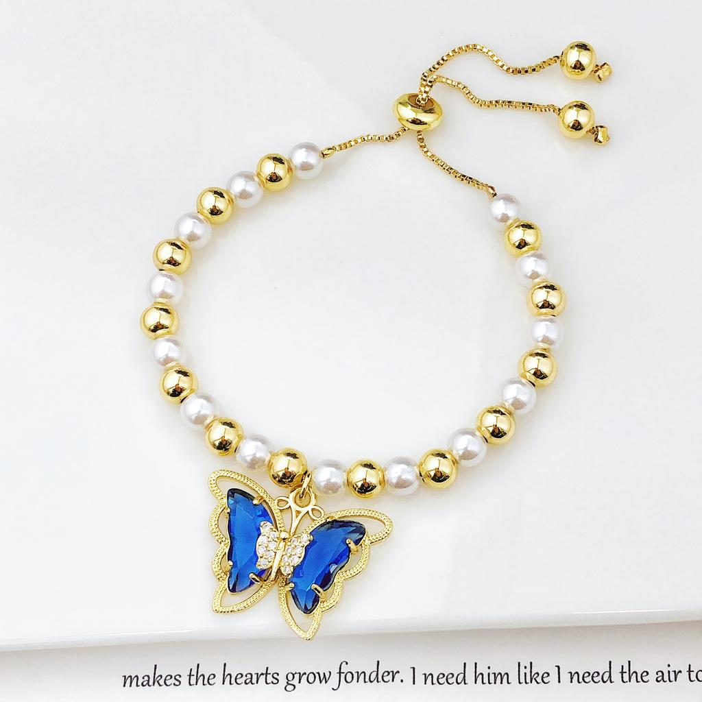 Luxury Butterfly Crystal Zircon Copper Bead Pearl Chain Bracelet Charming for Women Girls Daily Party Wrist Jewelry Wholesale