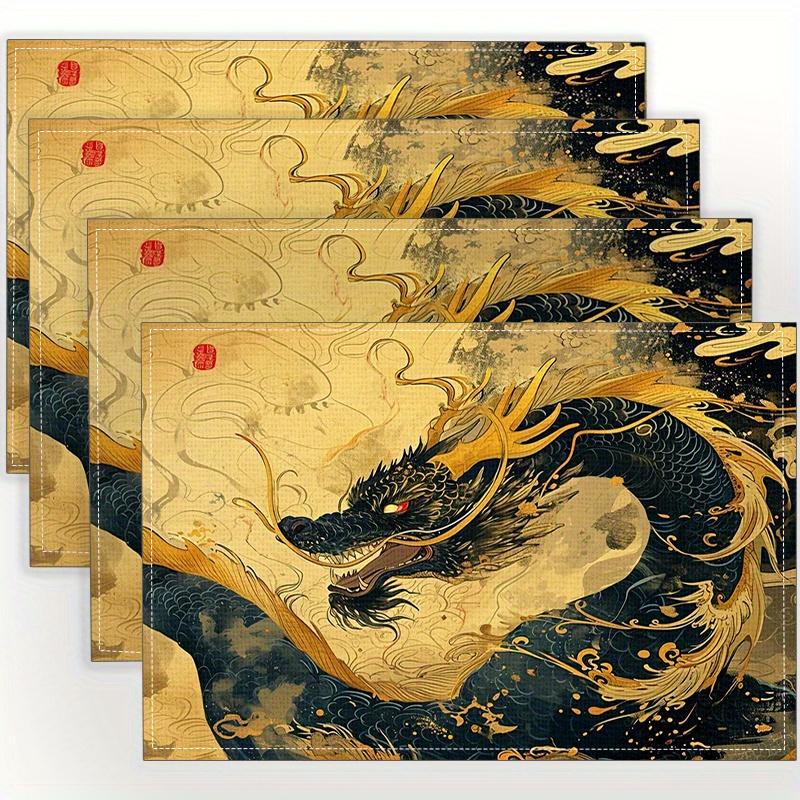 4pcs Placemat Set with Dragon Pattern Design, 12x18 Inches, Suitable for Kitchen and Dining Room Decor, Home Decoration, Family Dinner Table Setting,