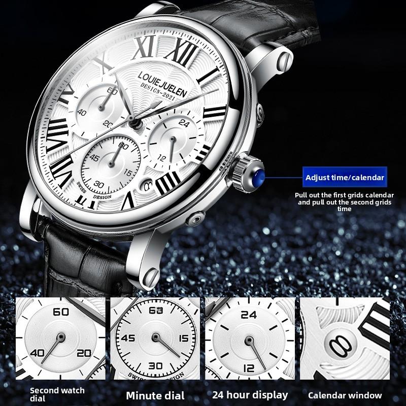 Luxury Fashion Leisure Quartz Wristwatch Alloy Leather 42mm Men's Pointer Dial 30M Water Resistant