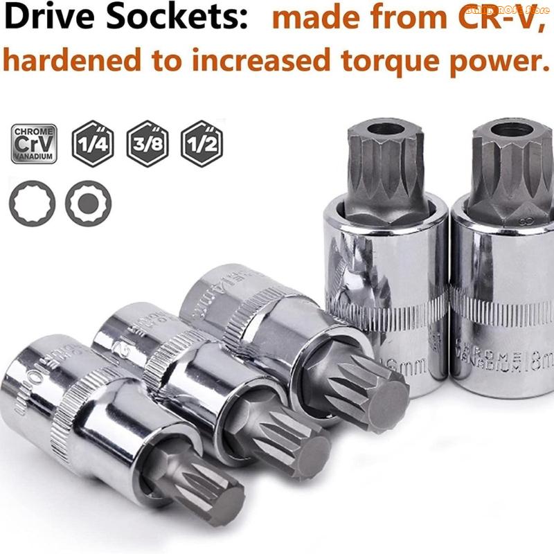 K1AE 10 Stück Autoreparatur 1/4" 3/8" 12-Zahn Dreikant Spline Bitsteckschlüssel Satz