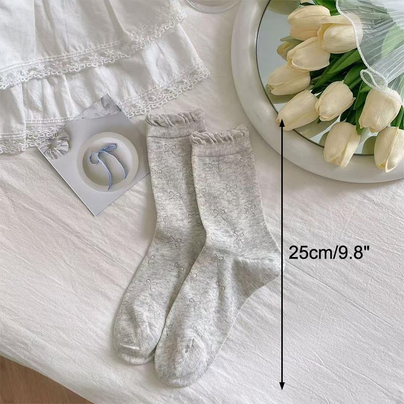 Słodkie skarpetki do połowy łydki z kokardką dla kobiet, skarpetki z kokardką na pięcie, codzienne czarne białe skarpetki frotte, bawełniane skarpetki sportowe dla dziewcząt