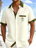 Men's Vacation Collar Short Sleeved Shirt, Solid Color Body, Collar, Cuffs and Hem with Yellow Green Floral Contrasting Edging, Pocket Palm Tree Print