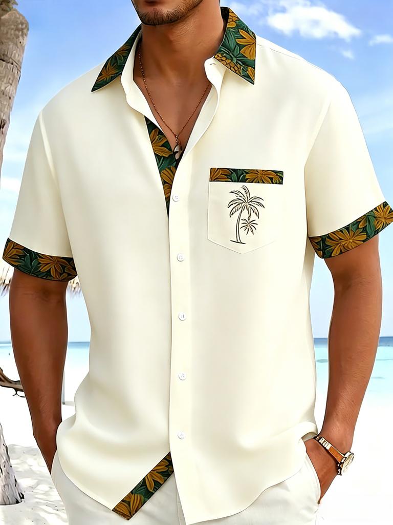 Men's Vacation Collar Short Sleeved Shirt, Solid Color Body, Collar, Cuffs and Hem with Yellow Green Floral Contrasting Edging, Pocket Palm Tree Print