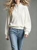 Women's Casual Color Velvet Top with Stand Collar and Long Sleeve - Loose Fit Blouse