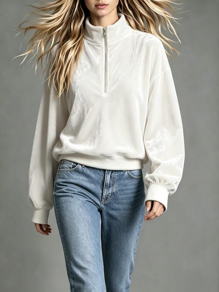 Women's Casual Color Velvet Top with Stand Collar and Long Sleeve - Loose Fit Blouse