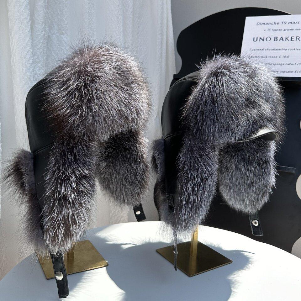 New Winter Men's 100% Real Silver Fox Fur Bomber Hat Raccoon Fur Ushanka Cap Trapper Russian Man Ski Hats Caps Real Leather