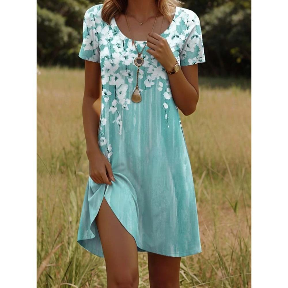 Abiti casual da donna con stampa floreale, manica corta, girocollo, per estate e primavera