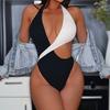 Women’s Sexy Cutout Halter Monokini Bathing Suit Black & White Colorblock Bikini Swimwear One-Piece Swimsuit