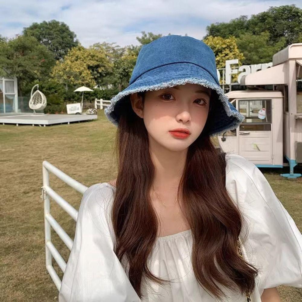 Tassel Washed Denim Bucket Hat Sun Protection Summer Sun Hat Cool Denim Fisherman Hat  Beach