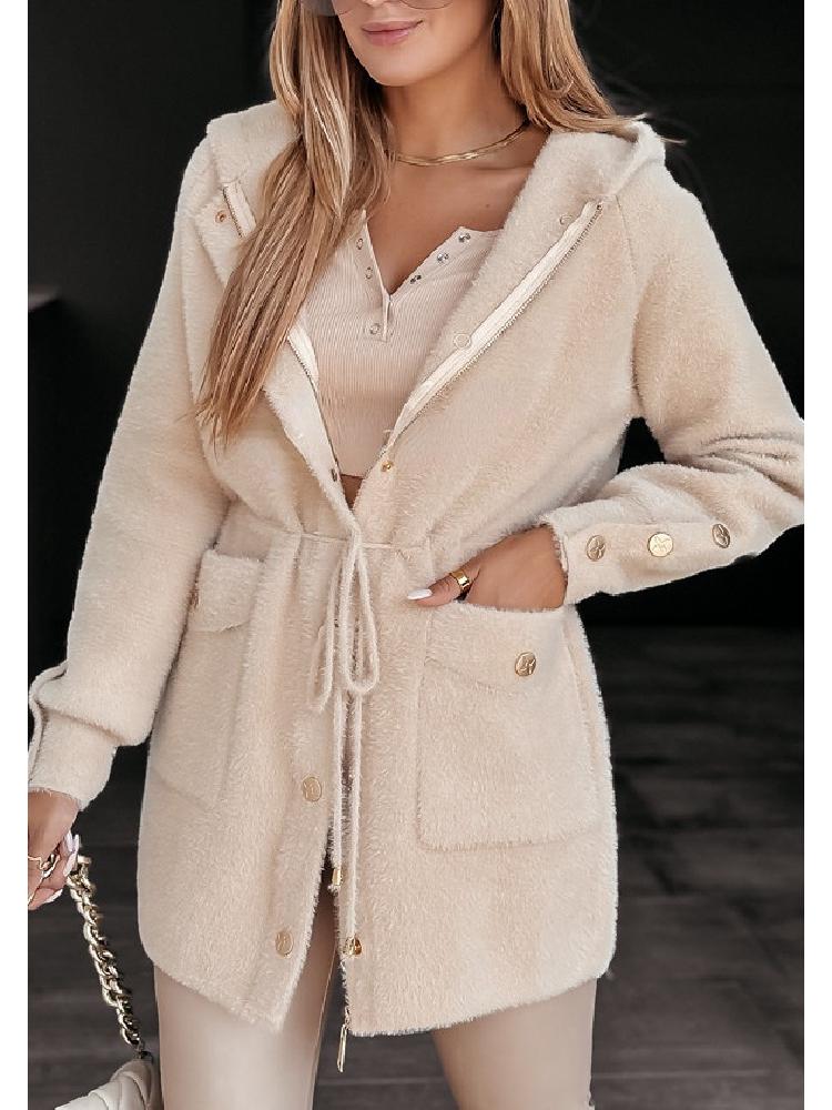 2024 Urban Fashion Hooded Woolen Coat with Drawstring Waist & Metal Buckle Zipper