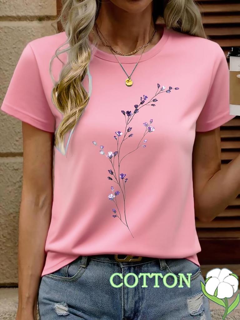 2026 Colorful Floral Round Neck Short Sleeve Casual Pure Cotton T-shirt