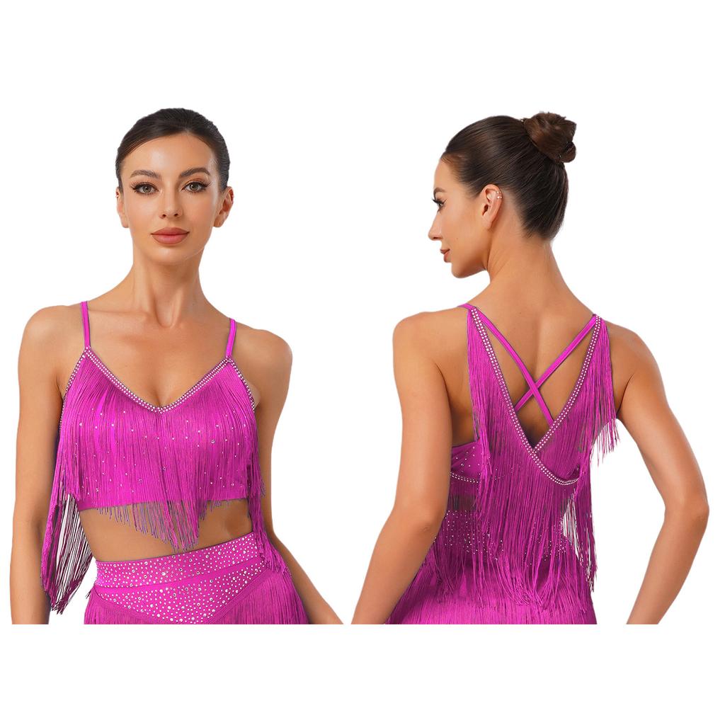 S-XXL Salsa Dance Top V Neck Sleeveless Open Back Fringe Detail for Latin Performance Competition Costume