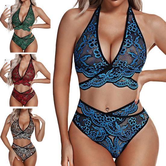 Sexy Lace Underwear Set Floral Lace Bralette And Panty Babydoll Outfits Halter Bra V Waist Briefs Women 2 Piece Underwear Set