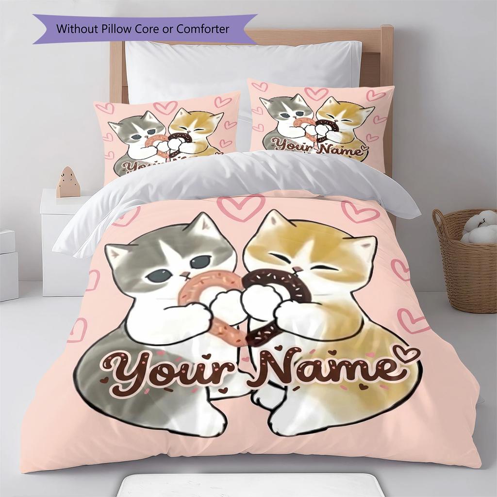Cat Donut Duo Custom Name Pattern Bedding Quilt Set Quilt Cover Pillowcase Home Birthday Gift(1 * duvet cover + 2 * pillowcase, without core)