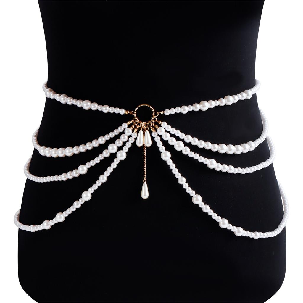 Blingbling Waist Belt Stylish Multilayer Pearls Waist Chain Belt Elaborate Chain Belly Chain for Belly Dance Waist Chain