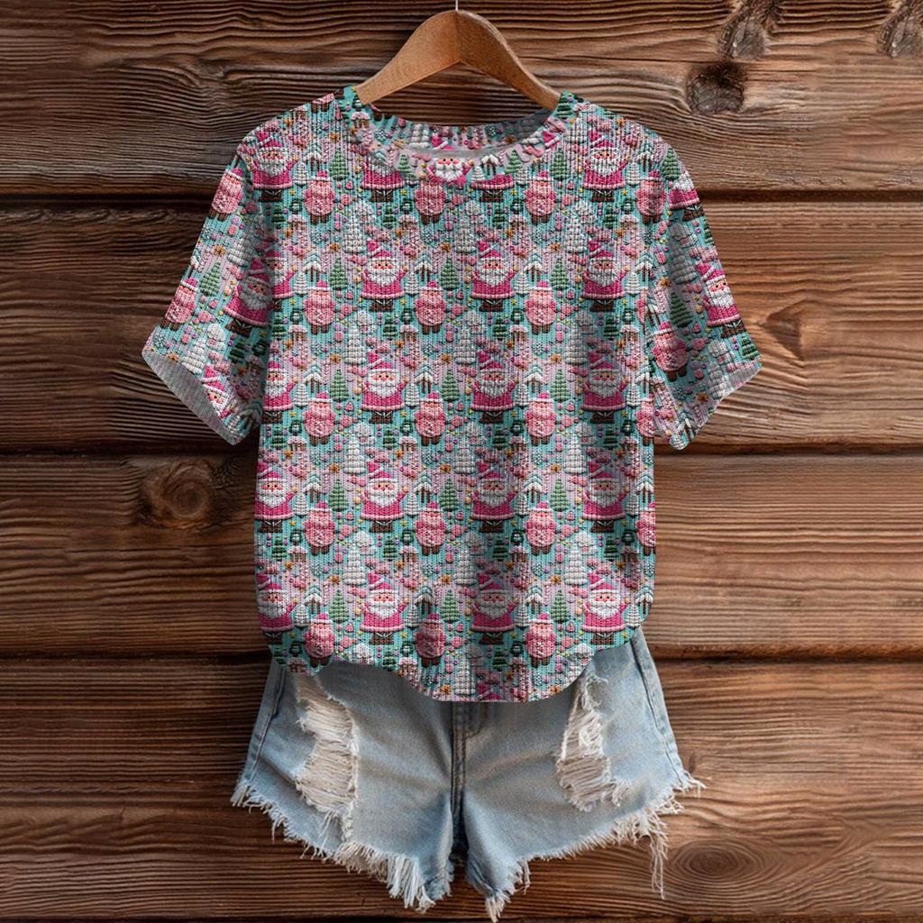 Women's Cute Sweater Knitted Fashion Casual Round-neck Short-sleeved  Cozy Print Top