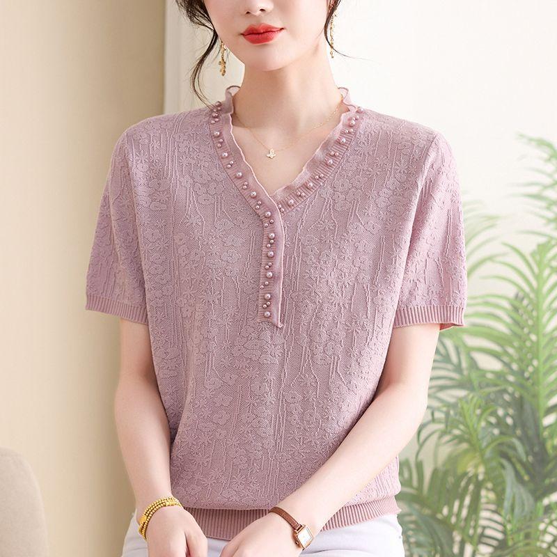 Loose Ice Silk Knitted T-shirt for Women Summer Design Stylish New Thin Style Short Sleeve Top