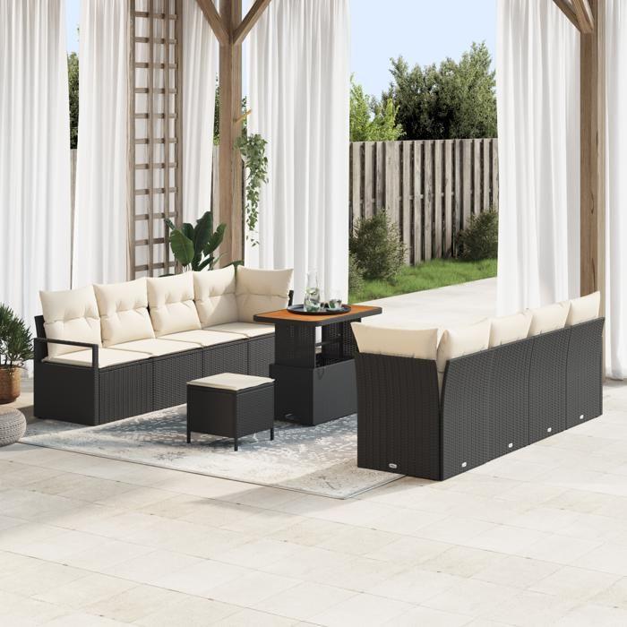 Ensemble de Canapés de Jardin 11 pièces avec Coussins Rattan Poly Noir Acacia, Canapé de Jardin 2 Places avec Rangement & 3364450
