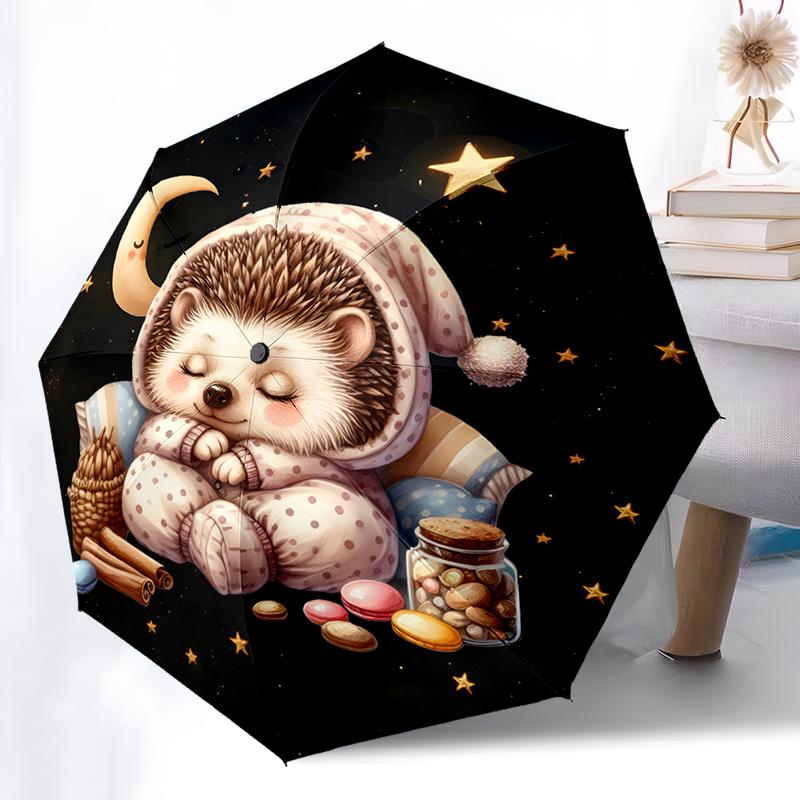 1PC Cute Cartoon Hedgehog Folding Umbrella Auto-Open Design 8 Iron Ribs Plastic Handle Foldable Sunshade Perfect Christmas Gifts