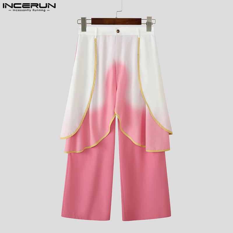 INCERUN Men Layers High Waist Zip-up Casual Loose Gradient Wide Legs Pants Long Trousers