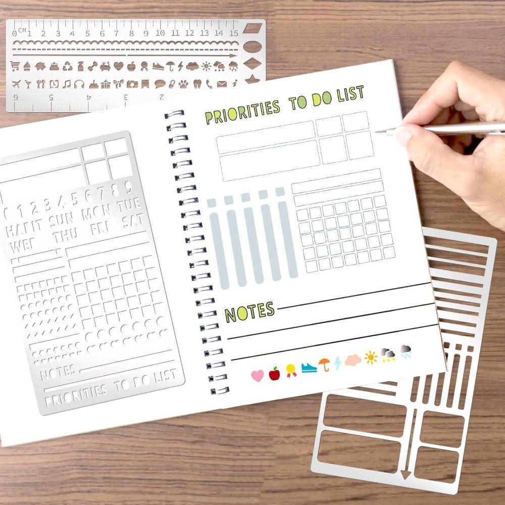 4 Pieces DIY Accessories DIY Metal Planner Stencil Reusable Rust-proof Letter Template Journal Engraving Stencils Journaling