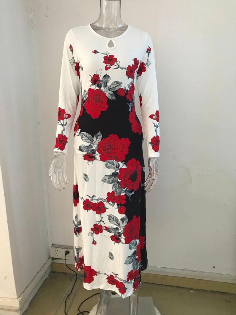 Elegant Plus Size Long Sleeve Printed Dress with Pockets and High Waist Hem