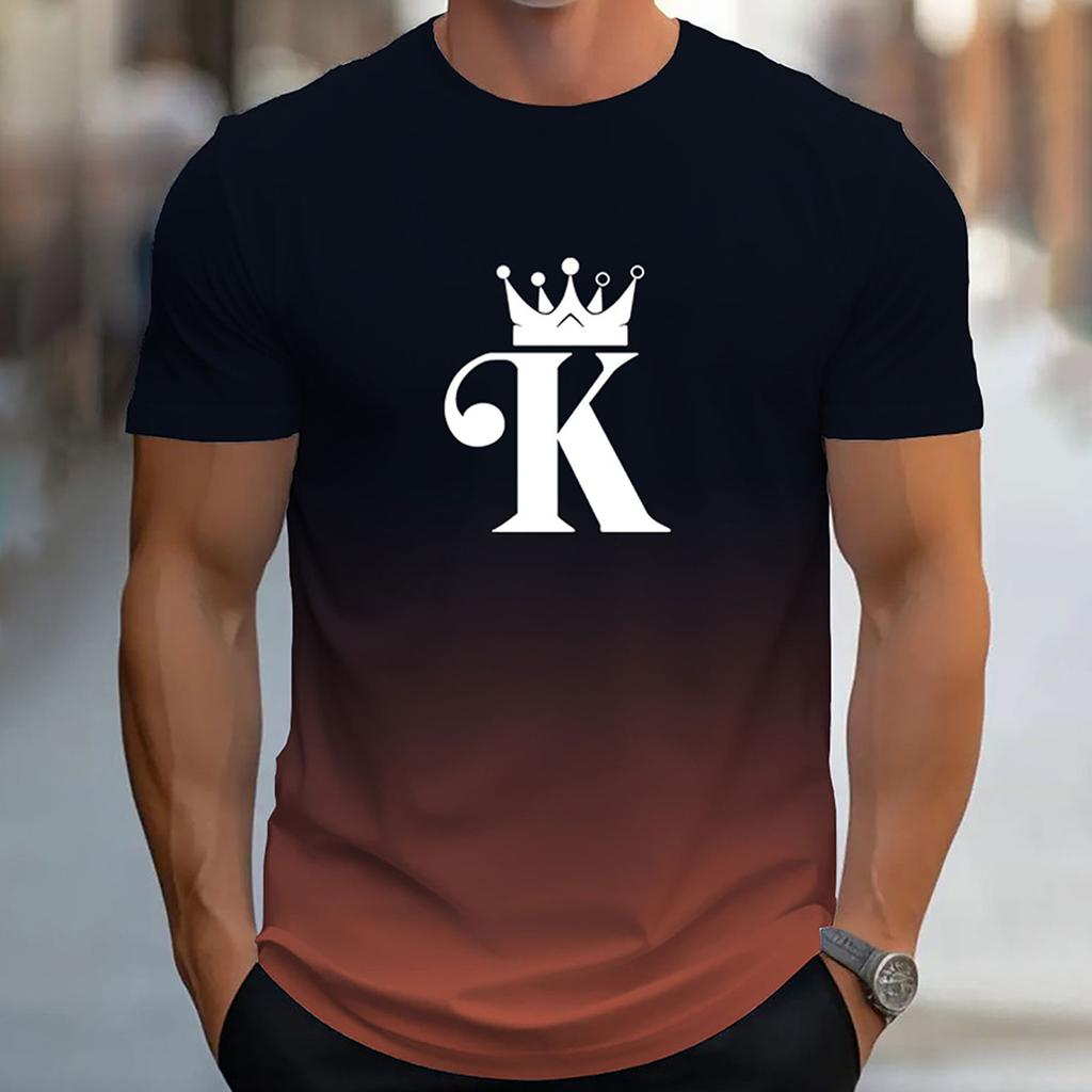 Summer Outdoor Men's Gradient Color Letter K Pattern Printed T-shirt Casual Short Sleeved Round Neck T-shirt