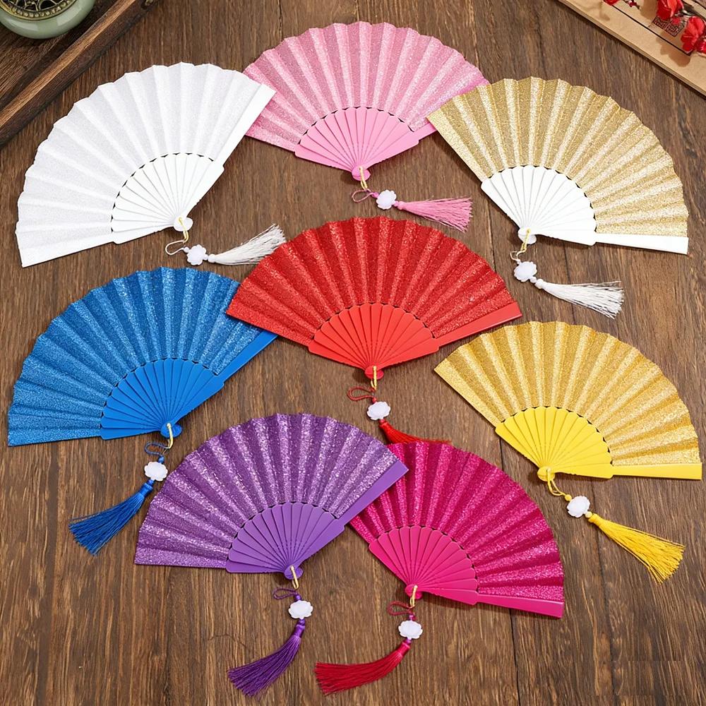 Plastic Folding Fan Tassels Handheld Fan Portable Gold Powder Fan Home Decoration