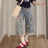 Bear Embroidered Hole Jeans Pants Summer Loose Plus Size Denim Short Pants Female Casual Wide Leg Cropped Pants