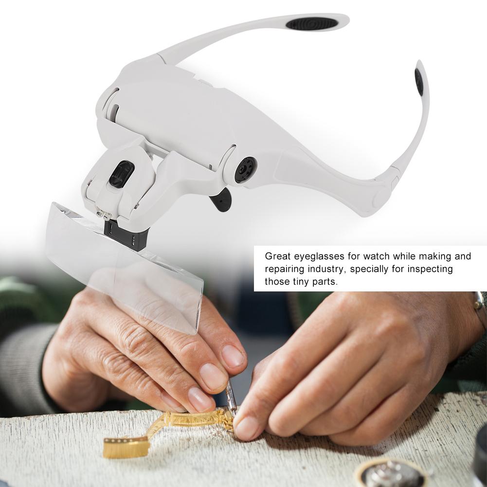 Hands Free Eyeglasses Bracket Magnifier with 5 Pcs Lenses Headband 2 LED Head Lights